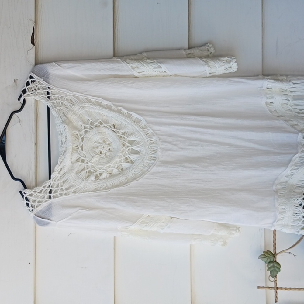 Crochet white Knit top blouse womens small medium long sleeve